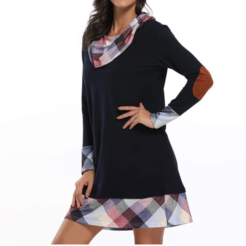 NWOT Cowl Neck Long Sleeve Plaid Elbow Patch Casual Sweater M